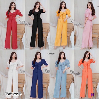 TwinsShopVip💗พร้อมส่ง TW12996 Set เสื้อทรงแขนพองแต่งระบาย อกผูกโบว์ ติดกระดุม+กางเกงขายาว