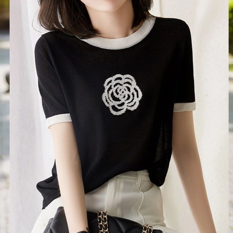 2022 ฤดูร้อนออกแบบเสื้อยืดผู้หญิง Camellia ปักผ้าไหมน้ําแข็งแขนสั้นหลวม All-Match Slimmer ดู