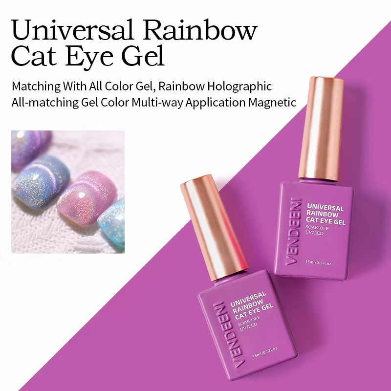 VENDEENI ขวดชมพูบานเย็น แคทอายเรนโบว์ สีรุ้ง โฮโลแกรม  UNIVERSAL RAINBOW CAT EYE GEL - wenails