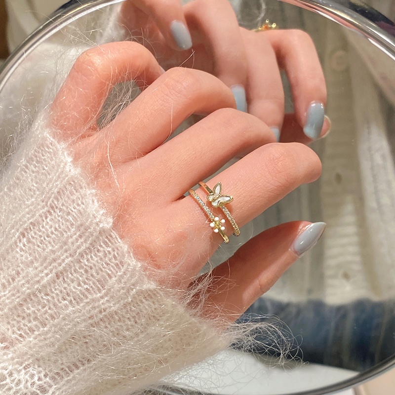 แหวน รูปผีเสื้อ ประดับโบว์ และไข่มุก คุณภาพสูง สไตล์วินเทจ สําหรับผู้หญิง