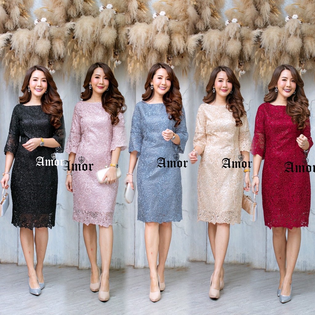 5 สี ชุดเดรสลูกไม้ สีกะปิ/แดง/ดำ/ทอง/คราม M-5XL