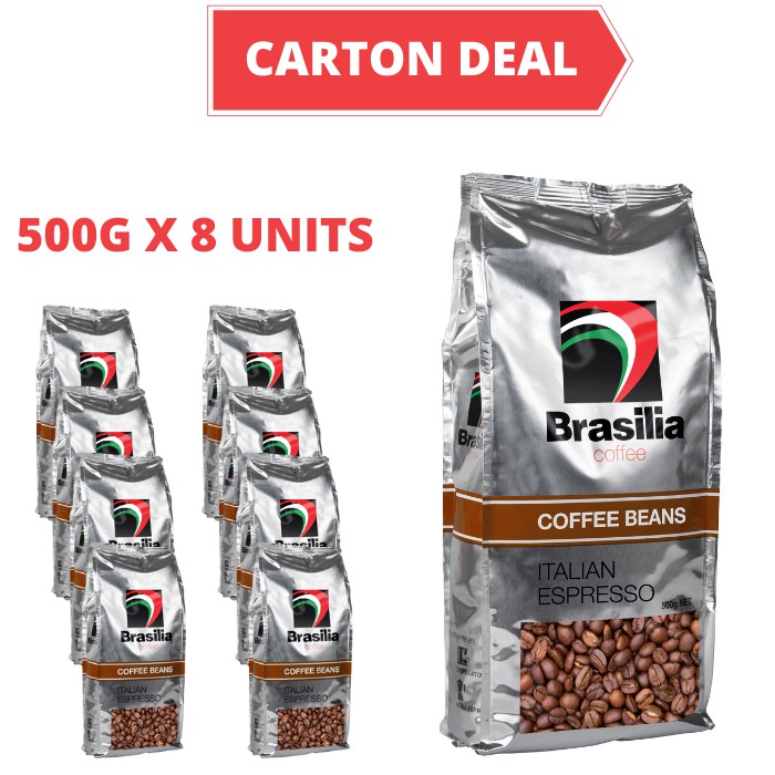 Carton Deal - Brasilia Coffee Beans Italian Espresso 500g x 8 Units, Roasted Arabica Coffee Beans