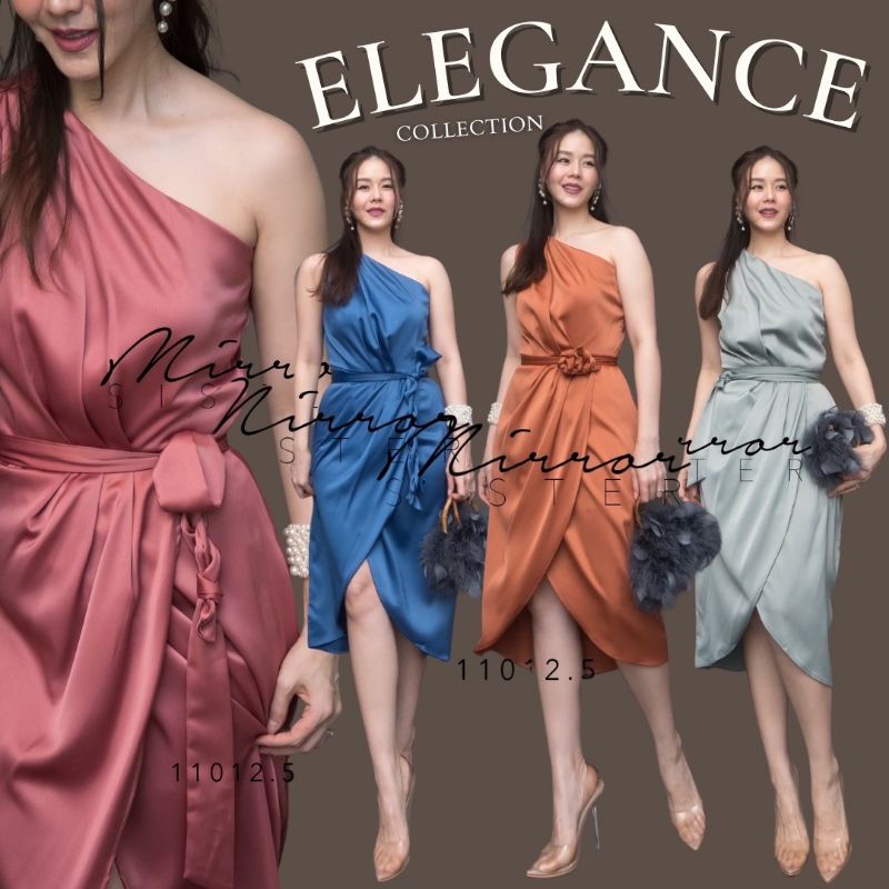 ป้าย Mirrorsister 11012.5 เดรสไหล่เดียวทรงสวยมาพร้อมสายผูกเอว เป็นทรงแขนกุดไหล่เดียว จับทวิส ช่วงล่างเป็นกระโปรงทรงทิว