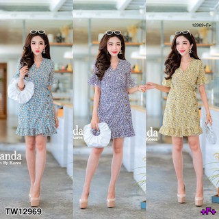 J12969 Dress เดรส ลายดอก ป้ายไขว้ผูกเอว แขนแต่งระบายลายดอก