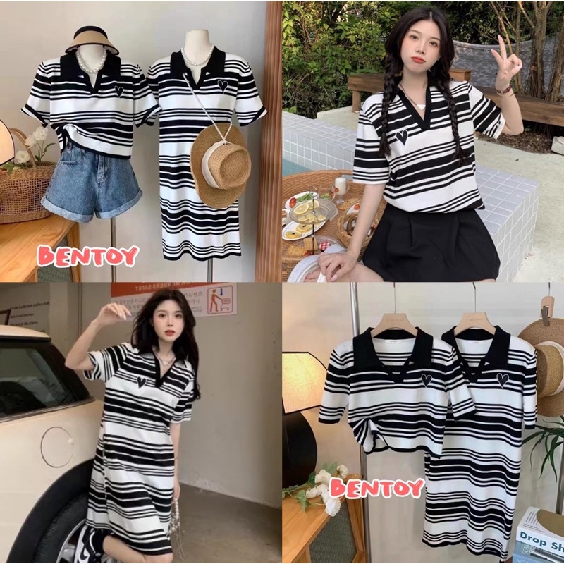 Bentoy พร้อมส่ง มินิเดรส/เสื้อครอป คอปกหน้าวี ลายทางแต่งหัวใจงานปัก ทรงสวย ผ้านิ่ม ยืดได้ ใส่สบาย(zy017/zy017-1)