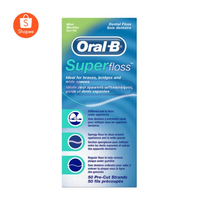 Oral-B ไหมขัดฟัน 50 ชิ้น Super Floss waxed mint 50 pcs Superfloss 1 กล่อง