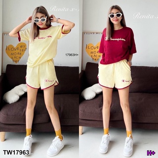 17963 Set 2 ชิ้น เสื้อโอเวอร์ไซส์ สกรีนลาย + กางเกงขาสั้น Set of 2 pieces. Oversized shirt. Screened pattern + shorts.