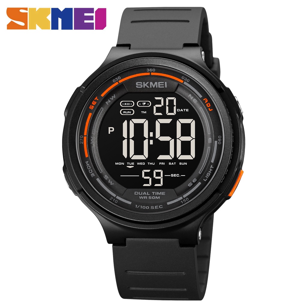 SKMEI นาฬิกาผู้ชายอิเล็กทรอนิกส์กีฬาดิจิตอลแฟชั่นไฟ LED กันน้ำ 2 เวลานาฬิกาจับเวลานาฬิกาปลุก