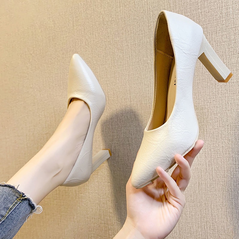 👡34-40 สีดำ 7 ซม. รองเท้าส้นสูงรองเท้าส้นหนานักเรียนทุกการแข่งขันชุดสบายรองเท้าทำงานมืออาชีพสีนู้ดรองเท้าชี้