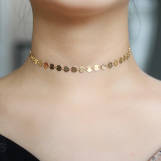 สร้อยคอ Choker แฟชั่น แผ่นวงกลมสีทองร้อยต่อกัน ยาว 33.5 cm 1 เส้น