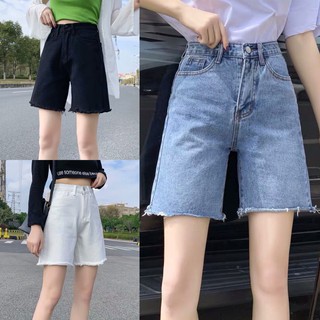 KAFANNO👖พร้อมส่ง👖กางเกงยีนส์ขาสามส่วนเอวสูงแต่งปลายขารุ่ยขาเต่อนิดๆ(01)