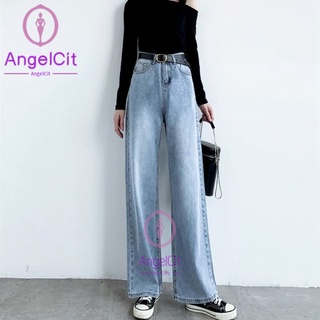 Angelcity※ กางเกงยีนขากว้าง เอวสูง ทรงหลวม สีดํา สีเทา เข้ากับทุกการแต่งกาย สไตล์เรโทร สําหรับผู้หญิง