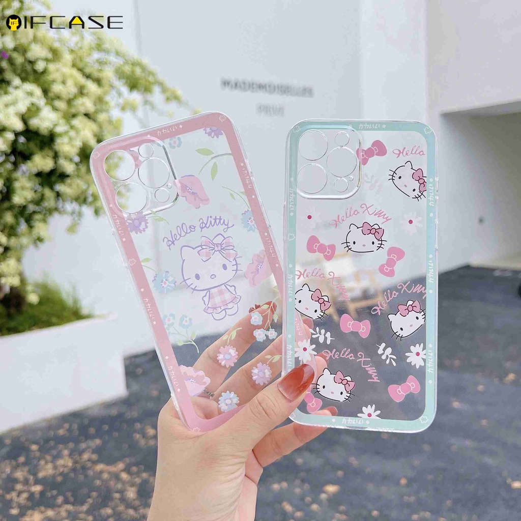 Oppo Reno 6 5 Pro 4 SE 4Z 2Z 2 F11 ค้นหา X3 R17 Pro R15 R11 เคสโทรศัพท์สีชมพู Hello Kitty Bowknot Bow Cat ดอกไม้ใสน่ารักการ์ตูนสด Simple Soft TPU ปลอกกรณี