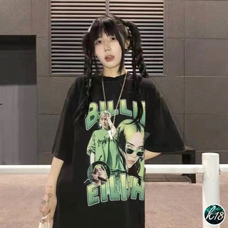 K18💜Korean เสื้อยืดแขนสั้นคอกลมสีดำ ลายสกรีนเขียว BILLIE