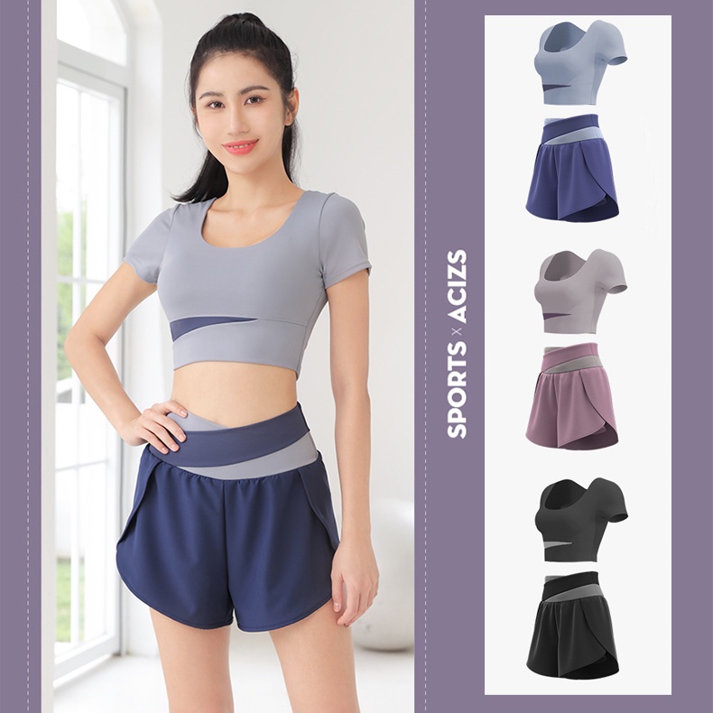 mvp sport แขนสั้น + กางเกงขาสั้น ชุด 2 ชิ้น ชุดกีฬา ชุดออกกำลังกายผู้หญิง ชุดโยคะผู้หญิง