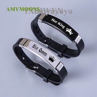 Amymoons 2 ชิ้น / เซต อินเทรนด์ กีฬา ซิลิโคน สร้อยข้อมือคู่ กําไลข้อมือ สีดํา สีขาว มงกุฎ Her King His Queen สเตนเลส สร้อยข้อมือ ของขวัญ| เสน่ห์ สร้อยข้อมือ