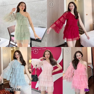 👗Pfashion [ส่งไว!!🚛] P17556 เดรสผ้ามุ้งแต่งระบายชั้นไหล่เดียว