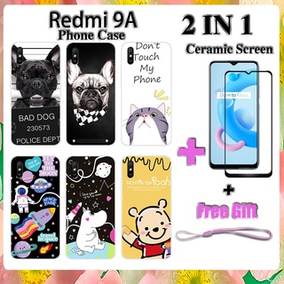 เคสโทรศัพท์ 2 IN 1 Redmi 9A พร้อมกระจกนิรภัยกันรอยหน้าจอเซรามิค ฟิล์มนิรภัยโค้ง การ์ตูน