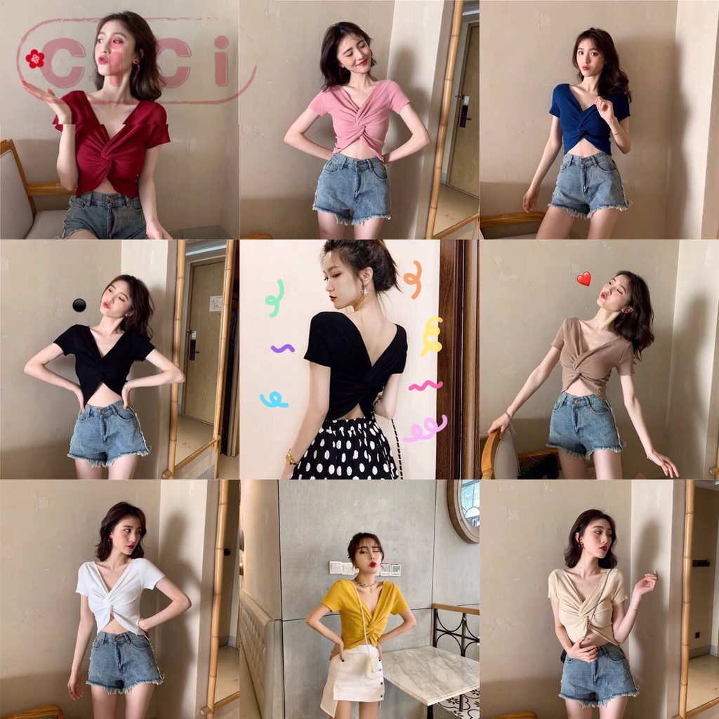 cici(พร้อมส่ง)(9365)เสื้อครอป ดีเทลม้วนใส่ได้ทั้งหน้าและหลัง