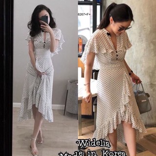 เดรสยาว ลายจุด แต่งระบายหางปลา สวยดูดี ผ้าไหมอิตาลี่ใส่สบายๆ ผ่าตรงขา เซ็กซี่