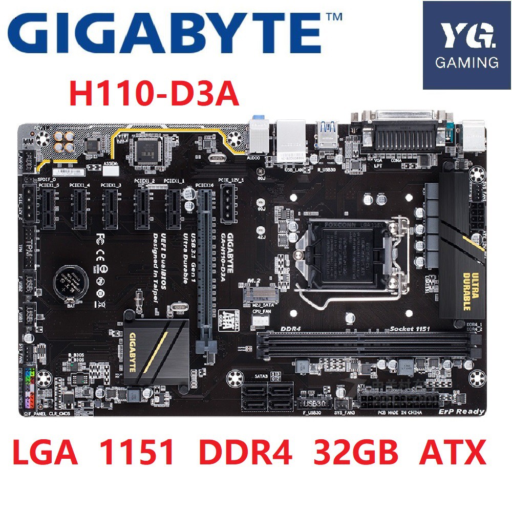 btc เมนบอร์ดไบโอ Gigabyte GA-H110-D3A btc LGA 1151 DDR4 USB3.1 USB2.0 32GB H110-D3A