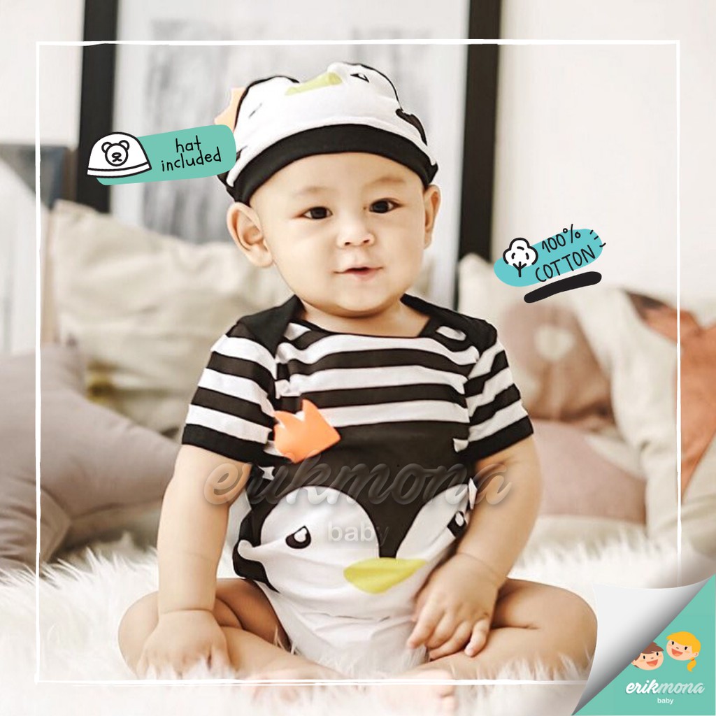 Ermon Baby - Baby Boy Clothes Character Jumper Baby Jumpsuit Baby Boy Penguin Motif + Hat Age 0 - 12