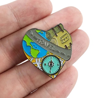 เข็มกลัด / หมุดโลหะ เป้ เข็มทิศ ท่องเที่ยว แอดเวนเจอร์  -- TRAVEL ---  🌍⛺🧳 (Hard Enamel Pin)