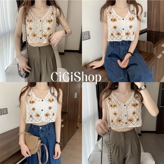 Cicishop(Q35) Crochet Top 🌻 เสื้อครอปถัก โครเชต์ลายทานตะวัน คิ้วท์ๆสไตล์เกาหลี