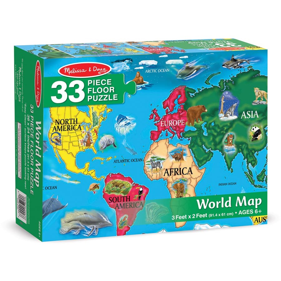 Melissa & Doug - รุ่น 446 Floor Puzzle World Map 33pc จิ๊กซอว์ชิ้นจัมโบ้ 33 ชิ้น รุ่นแผนที่โลก อย่างดี ทนทาน