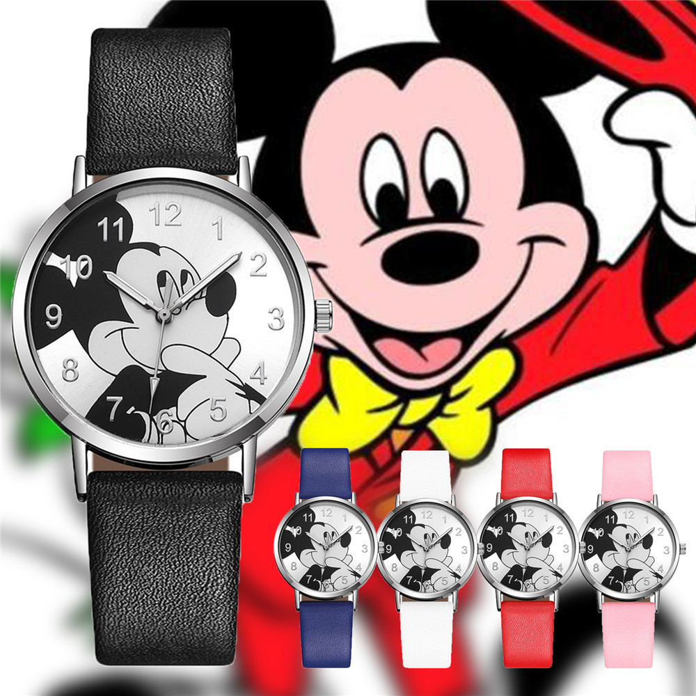 นาฬิกาข้อมือควอตซ์พิมพ์ลายการ์ตูน Mickey Mouse ลําลองสําหรับเด็ก