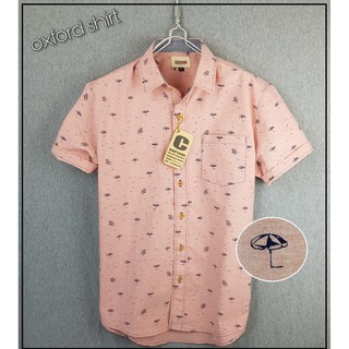 ⛱เสื้อเชิ้ตแขนสั้น คอปก ผ้า Oxford ลายร่มชายหาด สีส้ม มีถึงไซส์ 4XL