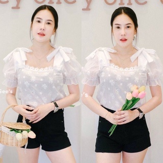 🌻mayylody🌸 เสื้อลูกไม้ คอเหลี่ยม ผูกโบว์ไหล่2ข้าง น่ารักลุกคุณมากกจร้าา☘️☀️💗🌼 เสื้อสีขาว เสื้อน่ารัก เสื้อคอเหลี่ยม