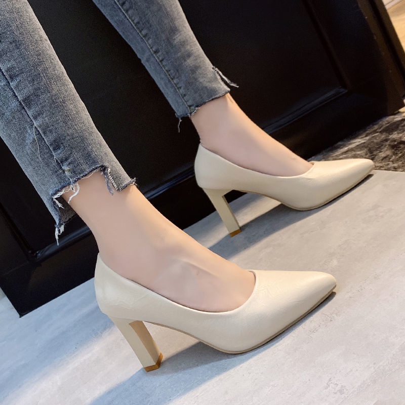 👡34-40 สีดำ 7 ซม. รองเท้าส้นสูงรองเท้าส้นหนานักเรียนทุกการแข่งขันชุดสบายรองเท้าทำงานมืออาชีพสีนู้ดรองเท้าชี้