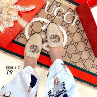 KK88-117 พร้อมส่ง slipper ผ้าปอซับหนังด้านในนิ่ม อะไหล่งานตอก เปิดส้น ปั้มแบรนด์ ใส่สวย เริ่ดมากค่า