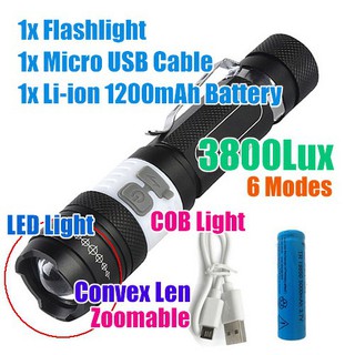 [6Mode]ไฟฉายแรงสูง ชาร์จไฟ USB COB LED Flashlight ซูมได้ ชาร์จแบตในตัว+แบตเตอรี่ลิเธียม18650 ไฟฉายled  ไฟฉายusb ไฟฉายcob