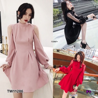 TW11286 Dress เดรสสั้น แขนแต่งซีทรู ด้านหลังผูกโบว์