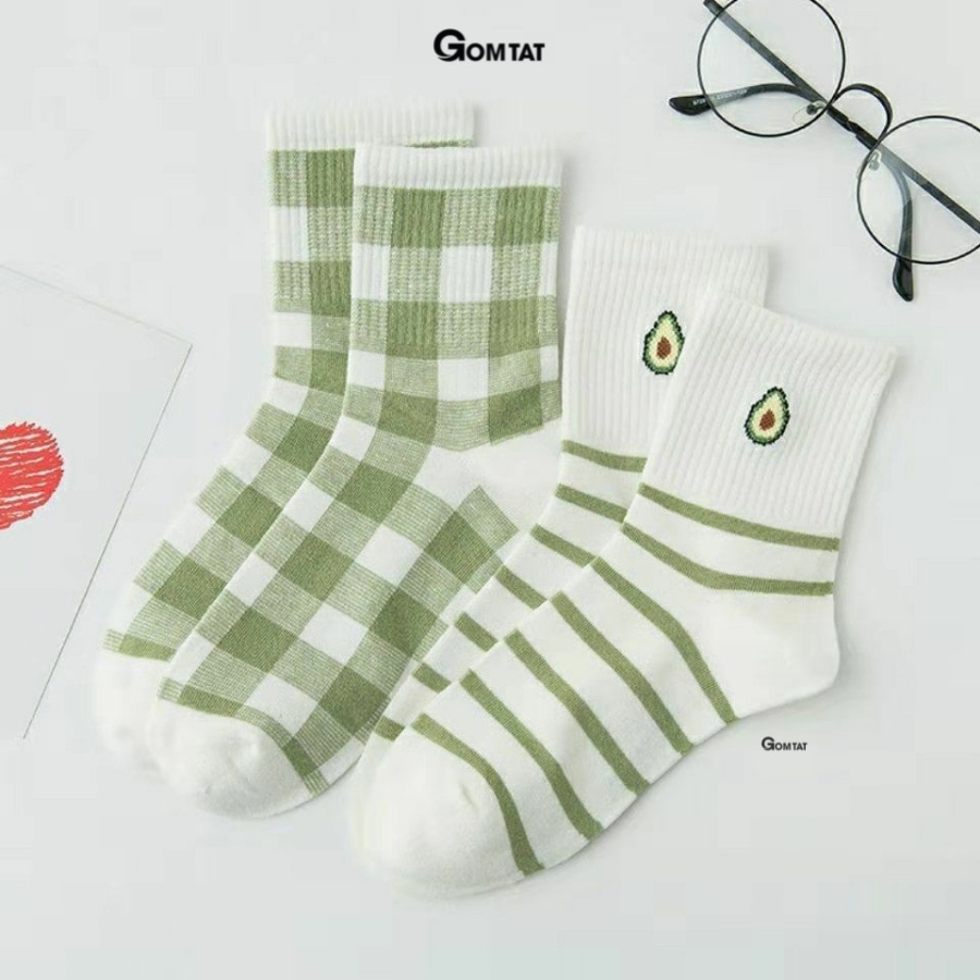 ถุงเท้าคอปกสูงของผู้หญิงลายอะโวคาโดสีเขียวถุงเท้าคอปกสูงของผู้หญิงทําจากผ้าฝ้ายที่นุ่มและเย็นสบาย - 