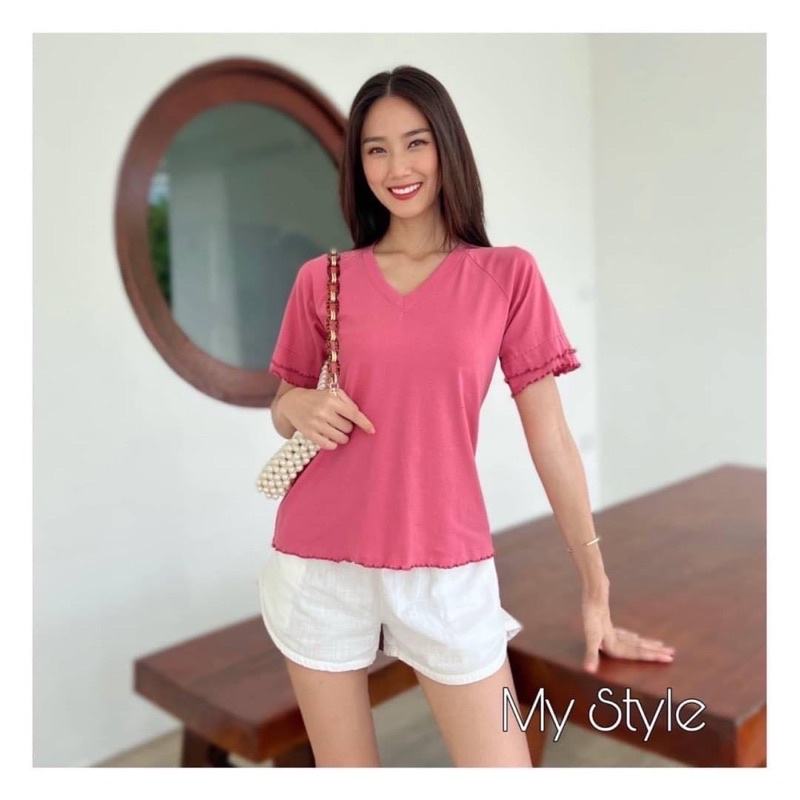 เสื้อยืด คอวี แขนสั้น แต่งระบาย2ชั้น แต่งชายหยัก ผ้าคอตตอน นิ่ม ใส่สบาย อก32-38ยาว25 งานป้าย my style