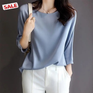 tdg Women  T-shirt Stretch Satin Solid Color Blouse Imitation Silk Crew-neck Medium Length Sleeve Shirt