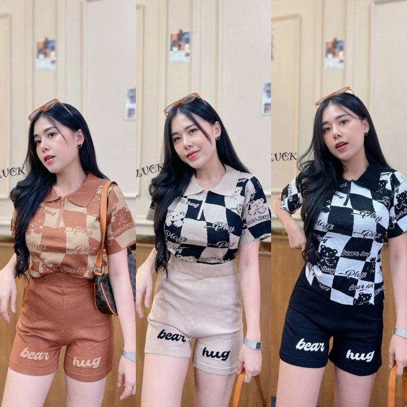 SpinnyHouse ชุดเซ็ต เนื้อไหมพรม สินค้าจริง ตรงปก เสื้อแขนสั้นแพคเกจมากับกางเกงขาสั้น งานผ้าทอลายในตัว รุ่น ยาหอม