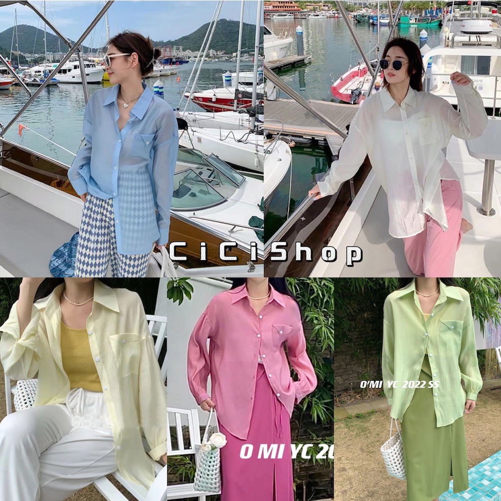 Cicishop(SALE Y8033) เสื้อเชิ้ต ชีฟอง กระดุมหน้า ดีเทลกระเป๋า สไตล์เกาหลี เนื้อผ้าเบาบาง สวมใส่สบาย เซ็กซี่นิดๆ