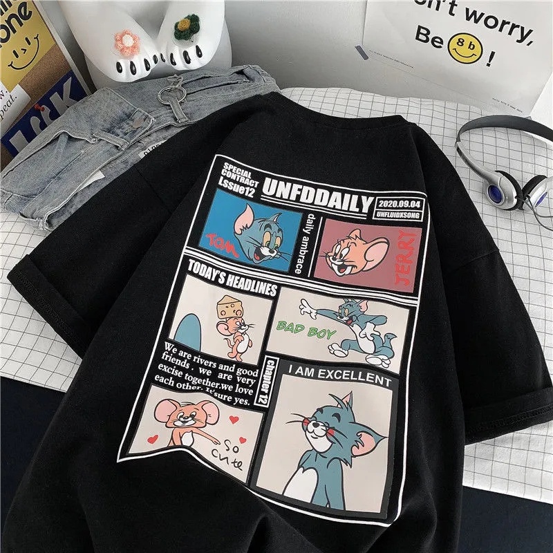 เสื้อยืดแขนสั้น พิมพ์ลายการ์ตูน ทรงหลวม สไตล์เกาหลี แฟชั่นฤดูร้อน สําหรับผู้หญิง และนักเรียน