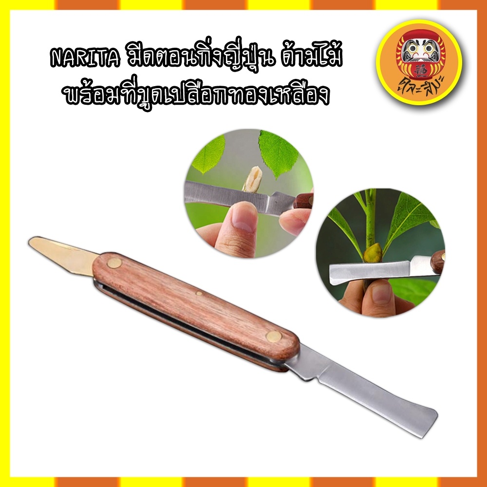 NARITA มีดตอนกิ่งญี่ปุ่น ด้ามไม้ งานฝีมือช่างญี่ปุ่น make in japan พร้อมที่ขูดเปลือกทองเหลือง แท้ชัว