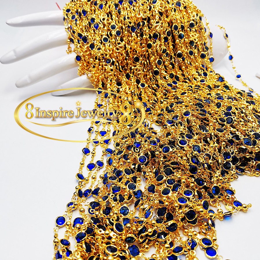 Inspire Jewelry ,สร้อยคอพลอยคริสตัลเม็ดกลมสีน้ำเงิน ยาว 24 นิ้ว ตัวเรือนหุ้มทองแท้100% 24K สวยหรู มีจำนวนจำกัด