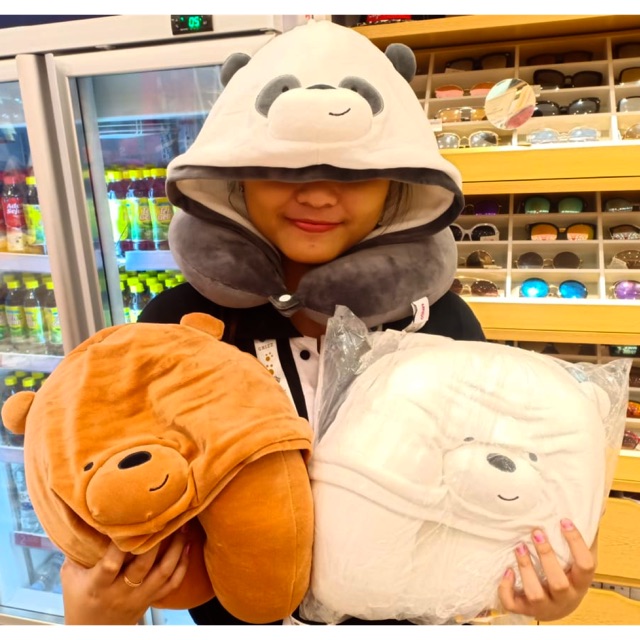 Miniso WE BARE BEARS U-SHAPED PILLOW WITH HOODIE + NECK PILLOW UPILLOW WBB GRIZZ PANDA ICEBEAR TUD HAT