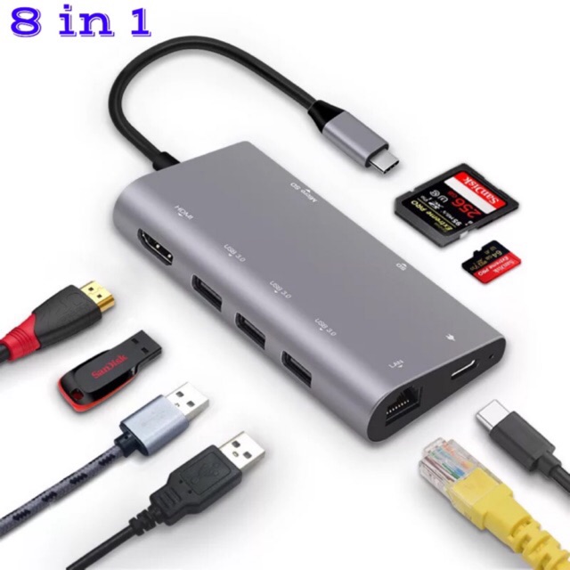 ลดราคา 8 - in - 1 USB C Adapter 4 K HDMI, 1 Gbps RJ45 พอร์ต Ethernet, USB 3.0, SD/TF Card Reader, 100 W พอร์ตชาร์จ PD #ค้นหาเพิ่มเติม อะแดปเตอร์เครื่องส่งสัญญาณ ปลั๊กไฟติดซ็อกเก็ตไฟฟ้าปลั๊กผนัง ตัวรับสัญญาณภายนอก Mini WiFi Dongle Optical Digital สเตอริโอ