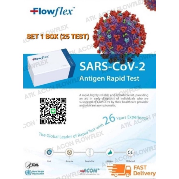 ATK ชุดตรวจโควิด-19 SAR-CoV-2 Antigen Rapid Test ยี่ห้อ Flowflex  SET 25 TEST ของแท้ ราคาถูก ตรวจomicronได้