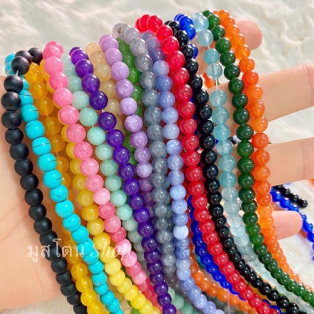 หินนำโชค 6มิล โมรา เบริล หยก สีขาว เส้นยาว 37ซม ใช้ร้อยกำไล สร้อย เครื่องประดับ