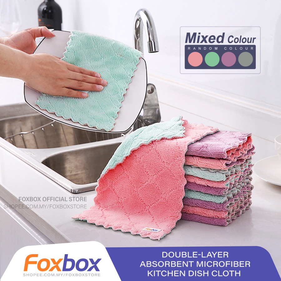 FOXBOX อเนกประสงค์สองชั้นดูดซับไมโครไฟเบอร์ครัวจานผ้าไม่ติดน้ํามันทําความสะอาดในครัวเรือนเช็ดผ้าขนหน