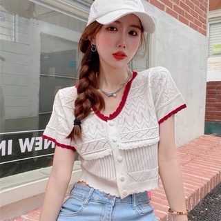 Lady_Girl⚡️A106/AC.E#เสื้อเเฟชั้นแขนสั้นกระดุมหน้า ( 5 ) เม็ด#เสื้อใหมพรมคอกลมเเต่งขอบสี